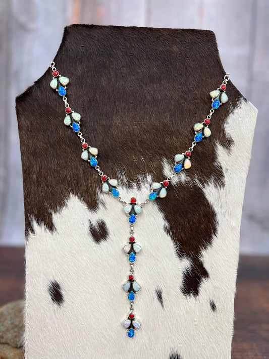 ** 4TH OF JULY ** Handmade Sterling Silver Synthetic Opal Necklace with Signed Nizhoni