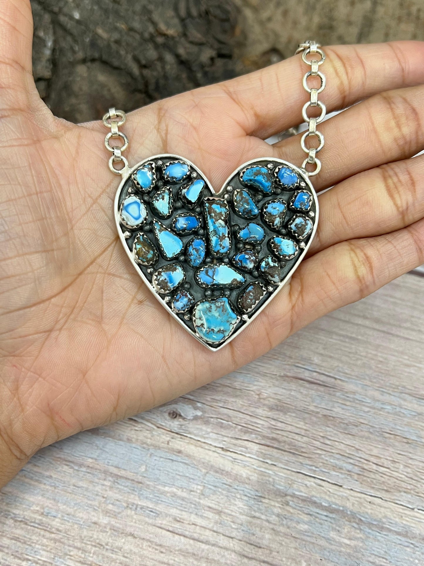 Handmade Sterling Silver Multi Stone Heart Necklace with Signed Nizhoni