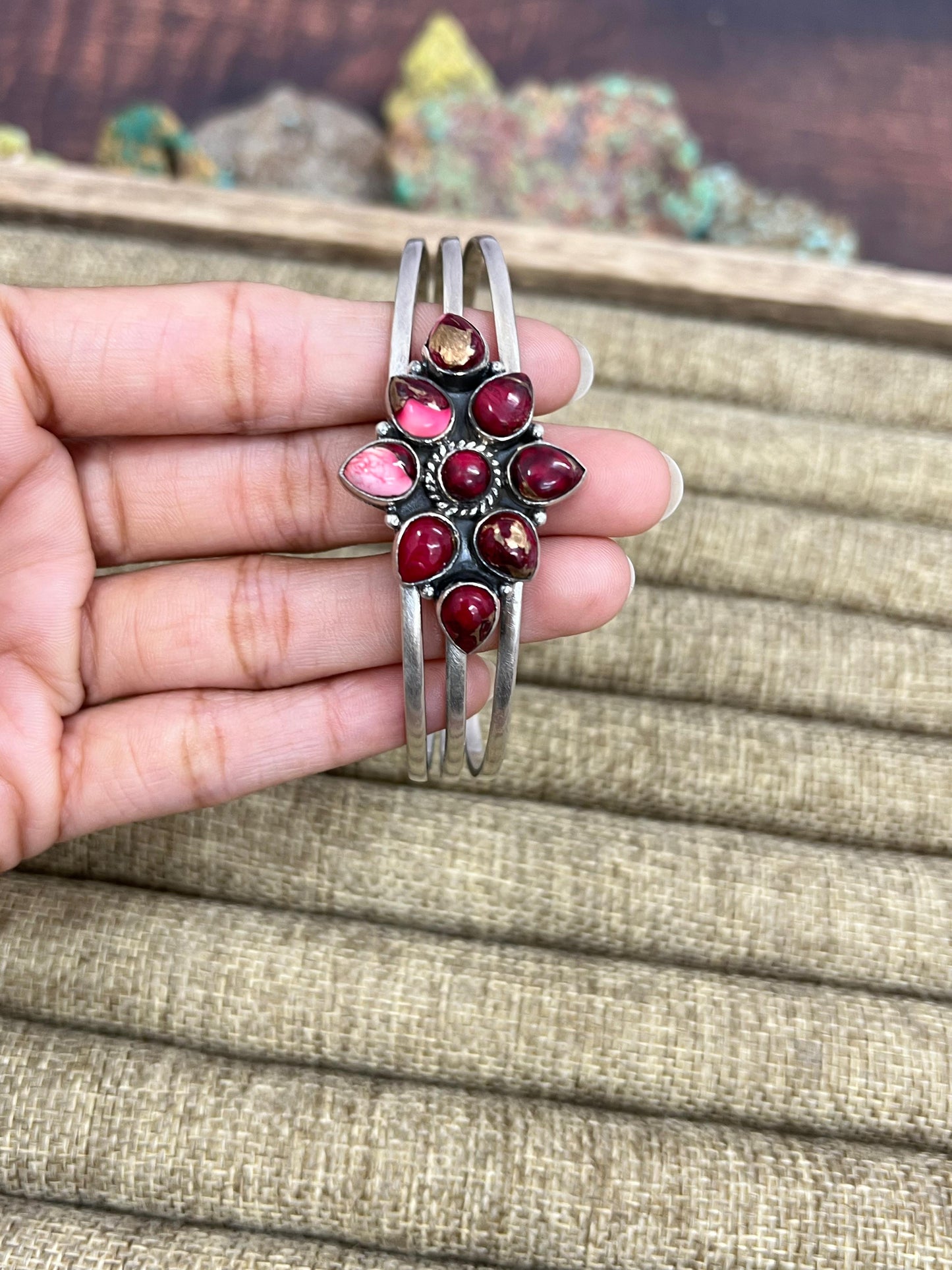 Handmade Sterling Silver Peacock Dahlia, Dahlia Rose, Cotton Candy Turquoise Cuff Bracelet with Signed Nizhoni