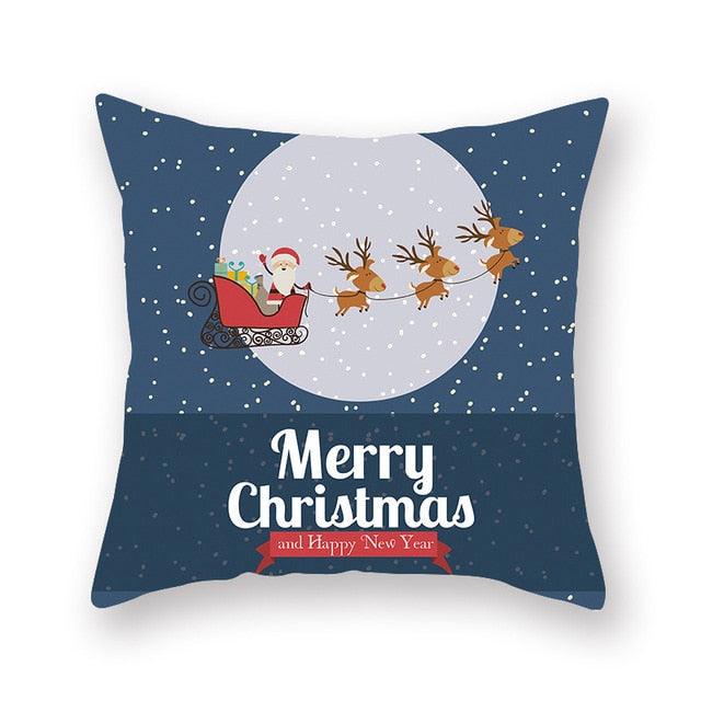 1Pcs Blue Christmas Tree Deer Santa Claus Pattern Polyester Cushion Cover Merry Christmas Throw Cushion Covers Tree Reindeer Star Pillow Case For Party Home Decoration Decorative Sofa Home Decor Pillowcover 45x45cm