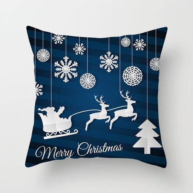 1Pcs Blue Christmas Tree Deer Santa Claus Pattern Polyester Cushion Cover Merry Christmas Throw Cushion Covers Tree Reindeer Star Pillow Case For Party Home Decoration Decorative Sofa Home Decor Pillowcover 45x45cm