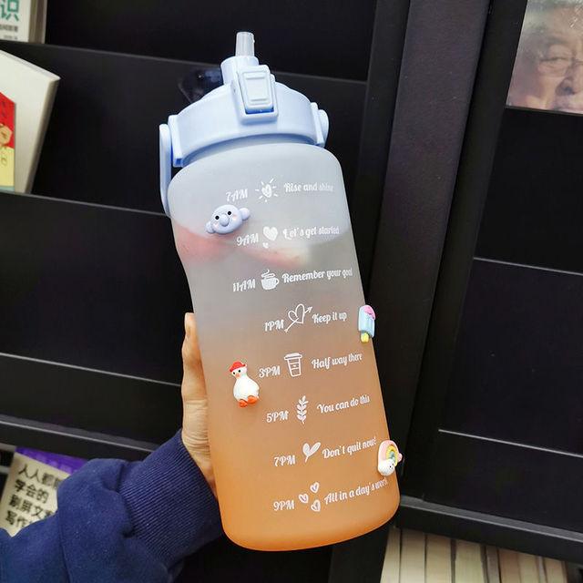 2 Liters Water Bottle Motivational Drinking Bottle Sports Water Bottle With Time Marker Stickers Portable Reusable Plastic Cups Motivational Sports Water Bottle With Time Capacity Marker BPA Free Big Large Gym Cycling Water Bottle Cup Jug For Kids School