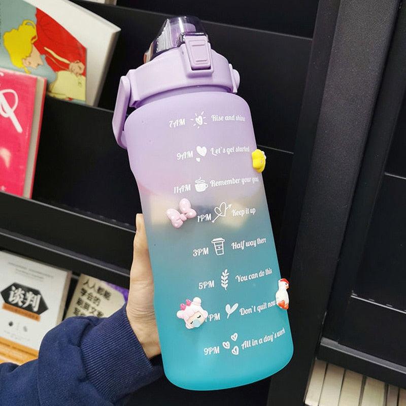 2 Liters Water Bottle Motivational Drinking Bottle Sports Water Bottle With Time Marker Stickers Portable Reusable Plastic Cups Motivational Sports Water Bottle With Time Capacity Marker BPA Free Big Large Gym Cycling Water Bottle Cup Jug For Kids School