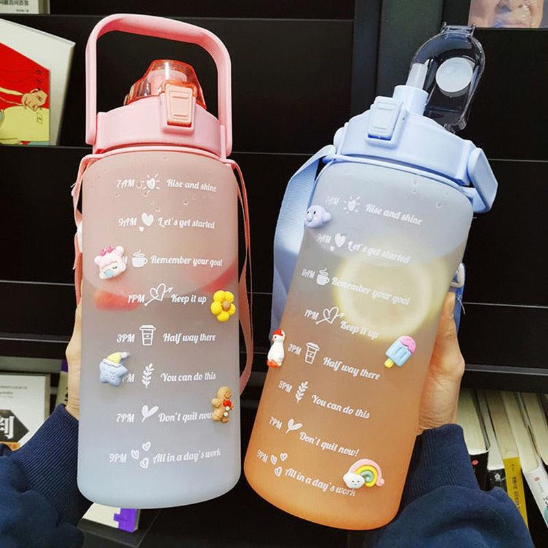 2 Liters Water Bottle Motivational Drinking Bottle Sports Water Bottle With Time Marker Stickers Portable Reusable Plastic Cups Motivational Sports Water Bottle With Time Capacity Marker BPA Free Big Large Gym Cycling Water Bottle Cup Jug For Kids School