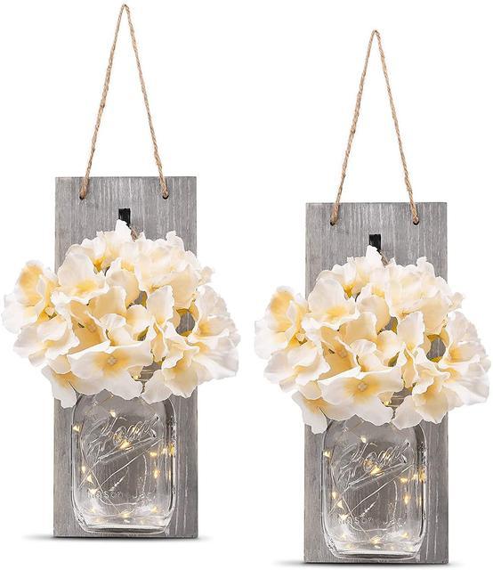2 Pack Rustic  Jar Fairy Strip Lights Wall Decor Hydrangea Sconces Decorative Home Chic Hanging LED FlowersHanging Design with Remote Control LED Fairy Lights and White Peony, Farmhouse Kitchen Decorations Wall Home Decor Living Room Lights Set of Two
