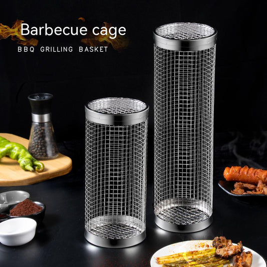2 PCS Grill Basket BBQ Rolling Grilling Basket Stainless Steel Grill Mesh Barbeque Portable Grill Accessories for Fish BBQ Rolling Grilling Basket for Outdoor Grill Cylindrical Stainless Steel Grill