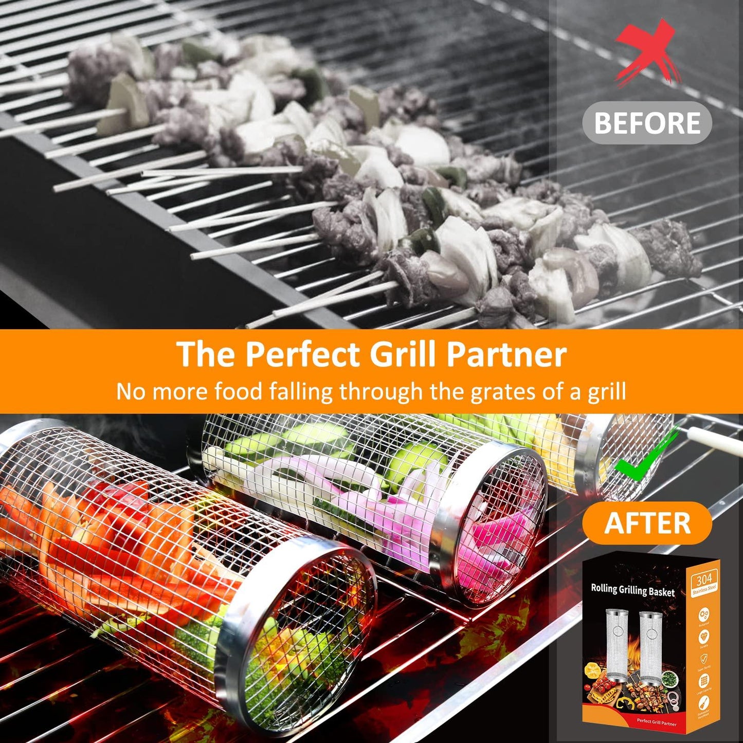 2 PCS Grill Basket BBQ Rolling Grilling Basket Stainless Steel Grill Mesh Barbeque Portable Grill Accessories for Fish BBQ Rolling Grilling Basket for Outdoor Grill Cylindrical Stainless Steel Grill