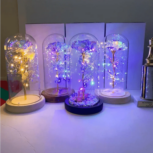 20 Led Lights Crystal Galaxy Rose in The Glass Dome Gift for Girlfriend - Beauty and The Beast Style Galaxy Rose Flower Gift