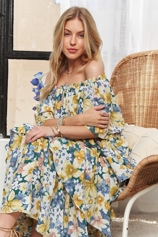 Layered Floral Off-Shoulder Short Sleeve Maxi Summer Dress For Women – Elegant and Feminine Floral Off-Shoulder Maxi Dress with Ruffled Layers for a Romantic Look