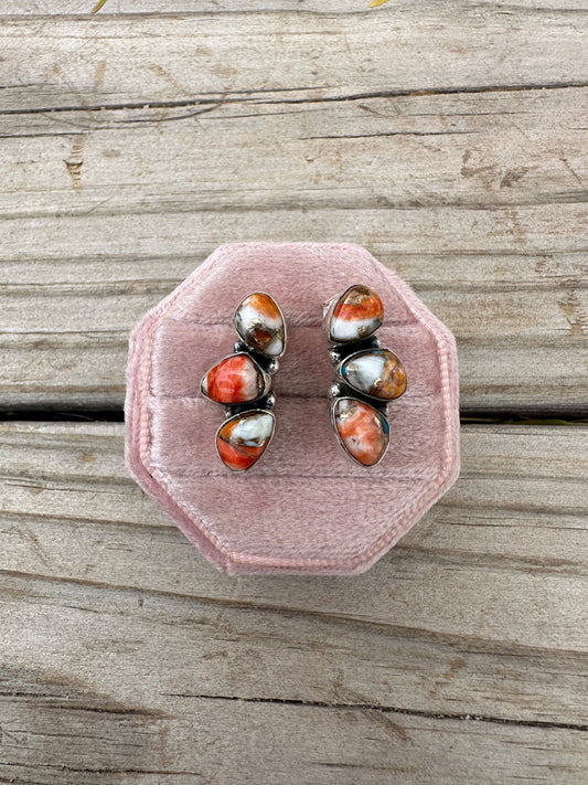 Handmade Spice And Sterling Silver Crescent Earrings 3 Stone