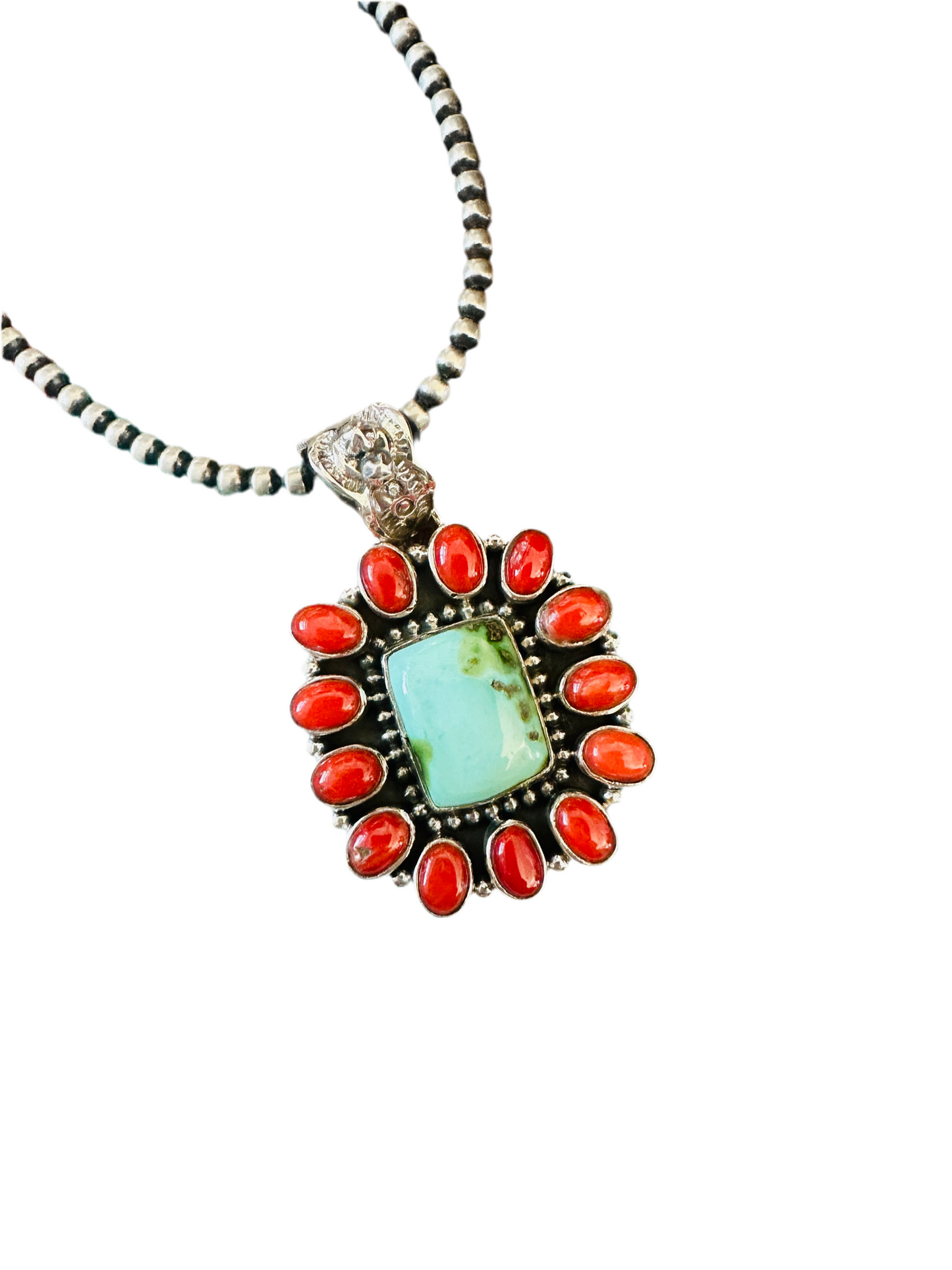 ** Christmas Collection ** Handmade Sterling Silver, Coral & Turquoise Cluster Pendant Signed Nizhoni