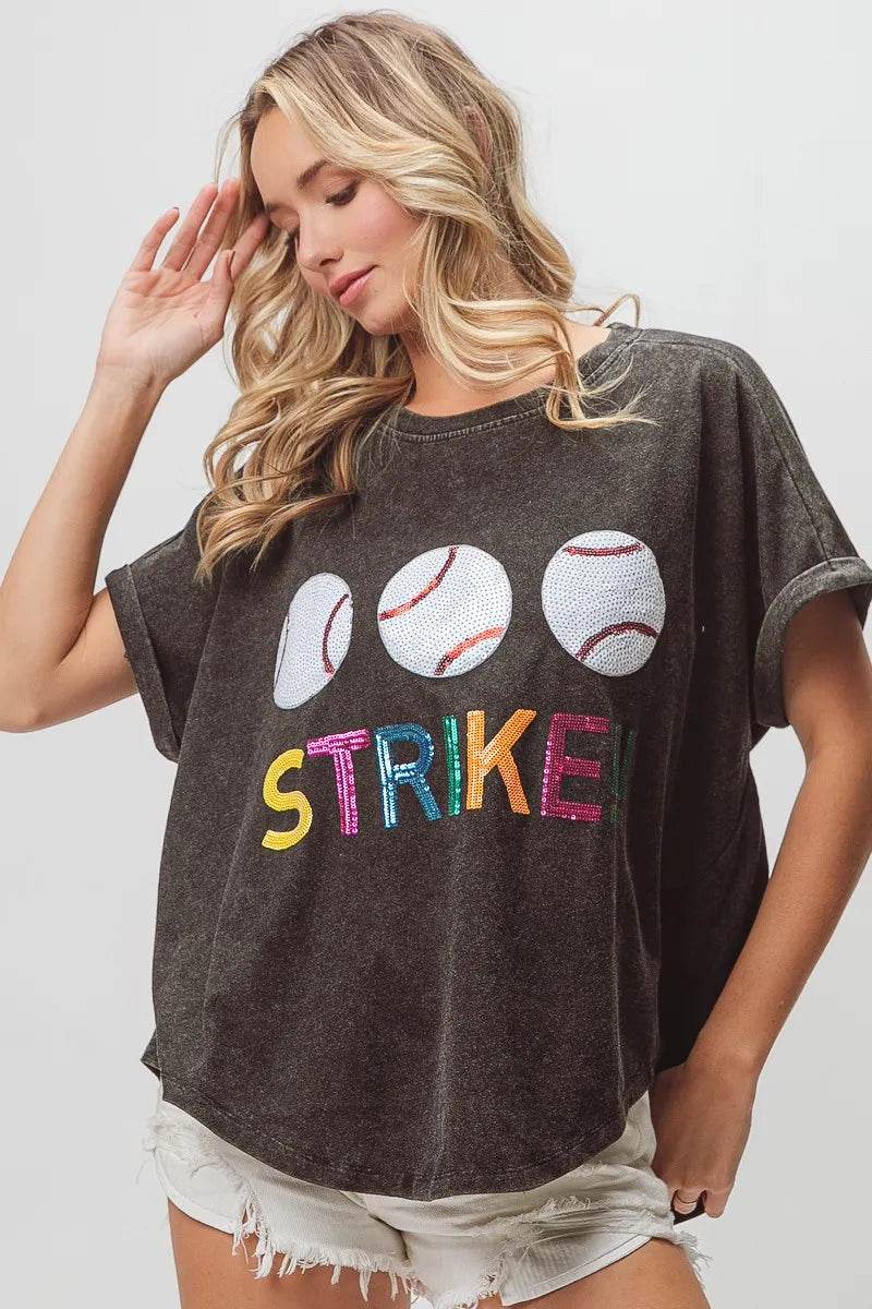 BiBi Sequin Baseballs Strike Washed Short Sleeve Top