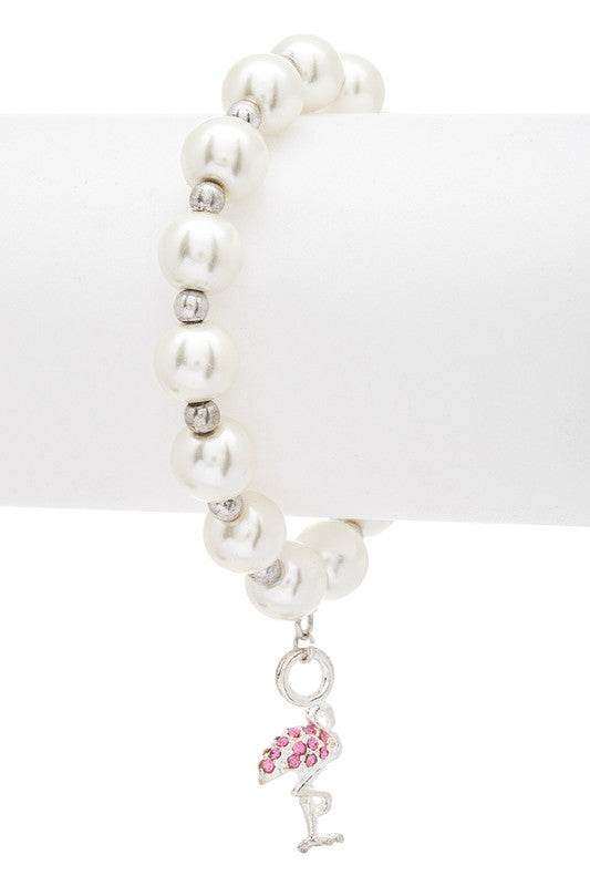 Flamingo Charm Pearl Stretch Bracelet