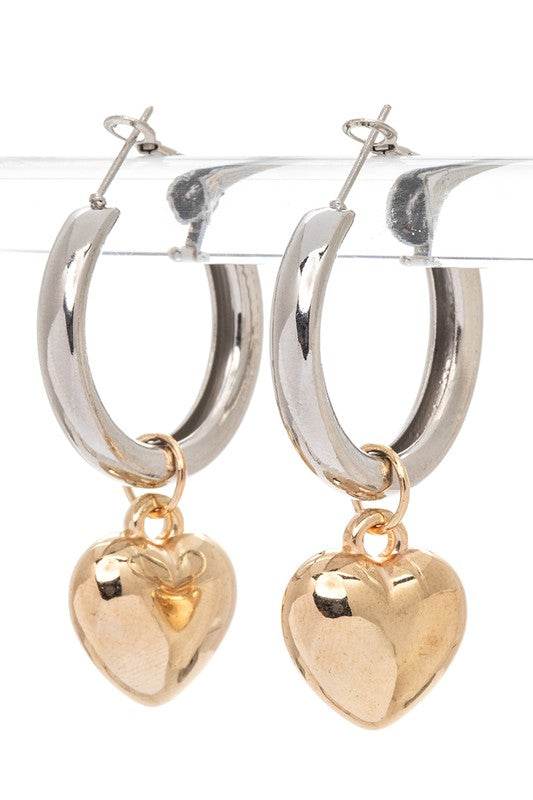 2 Tone Heart Charm Hoop Earrings