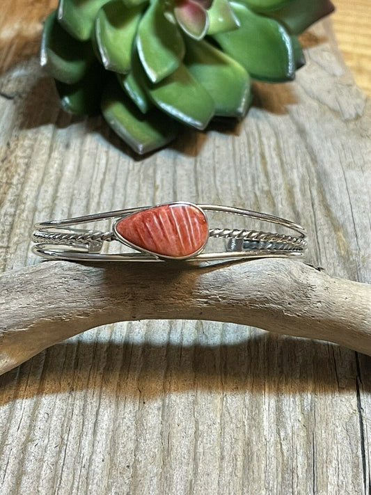 Handcrafted Teardrop Orange Spiny Sterling Silver Bracelet Rope Style Cuff