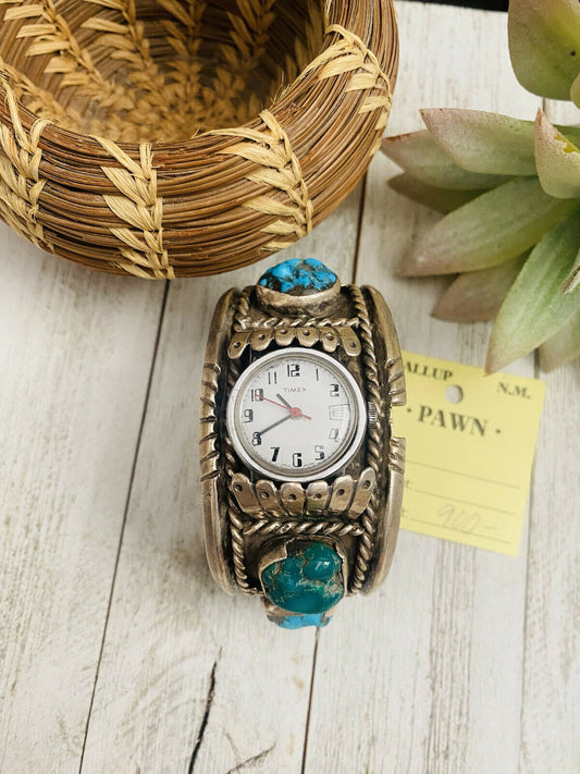 Handcrafted Old Pawn Vintage Kingman Turquoise & Sterling Silver Watch Cuff