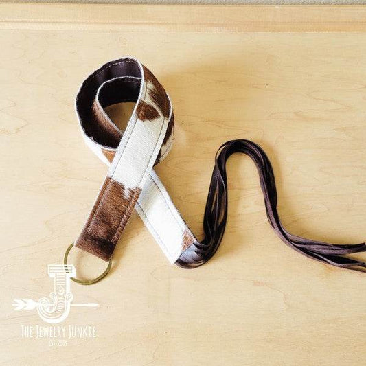 Hair-on-Hide Brown & White Leather Belt w/ Fringe