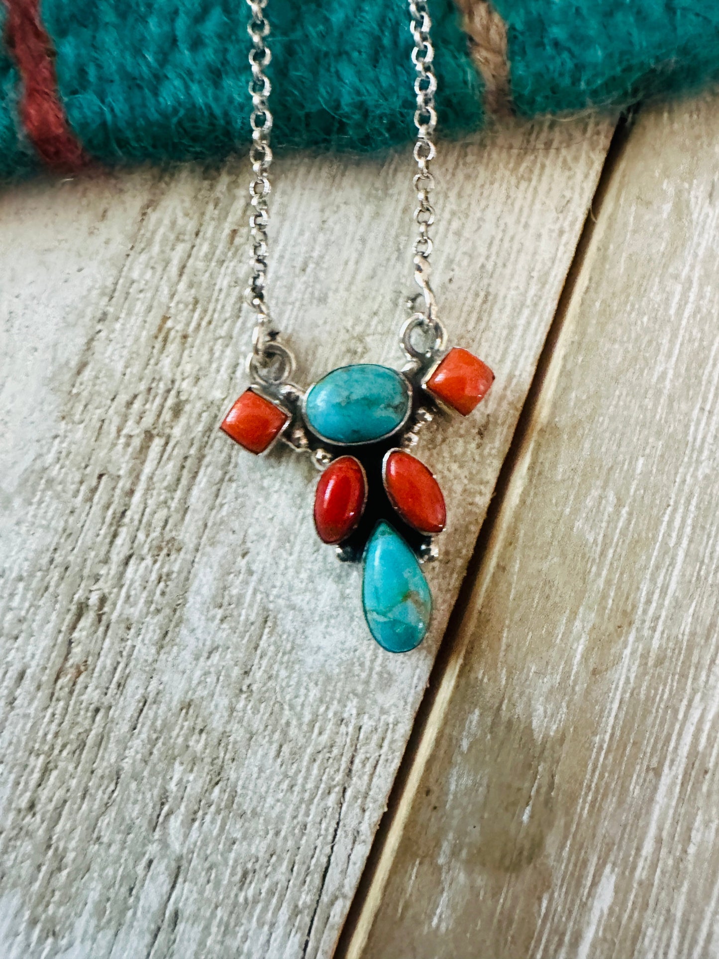 ** Christmas Collection ** Handmade Sterling Silver, Turquoise & Coral Necklace Signed Nizhoni