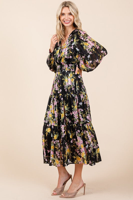 Flower Print Satin Lurex Stripe Smocked Midi Dress For Summer – Elegant and Sparkling Floral Dress with Tiered Design