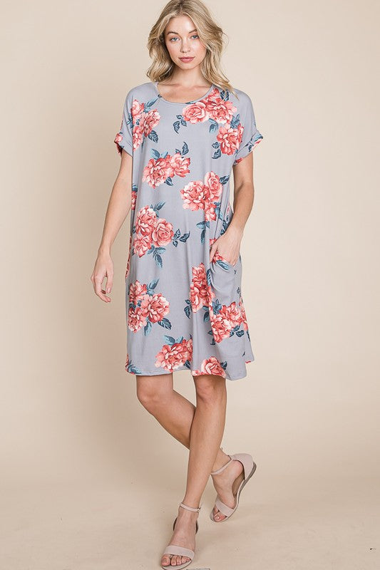Floral Round Neck Short Tee Dress with Pockets For Women – Comfortable, Casual & Functional for Everyday Wear