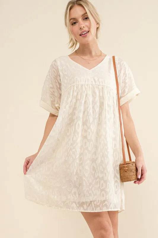 And The Why Woven Leopard Baby Doll Roll-Sleeve Casual Dress