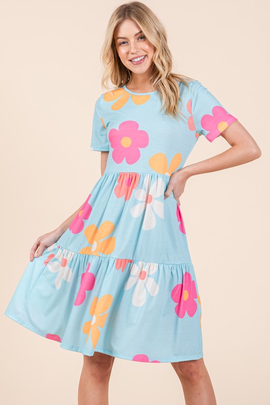 New Floral Round Neck Short Sleeve Tiered Dress For Women – Charming and Feminine Floral Tiered Dress for Effortless Style