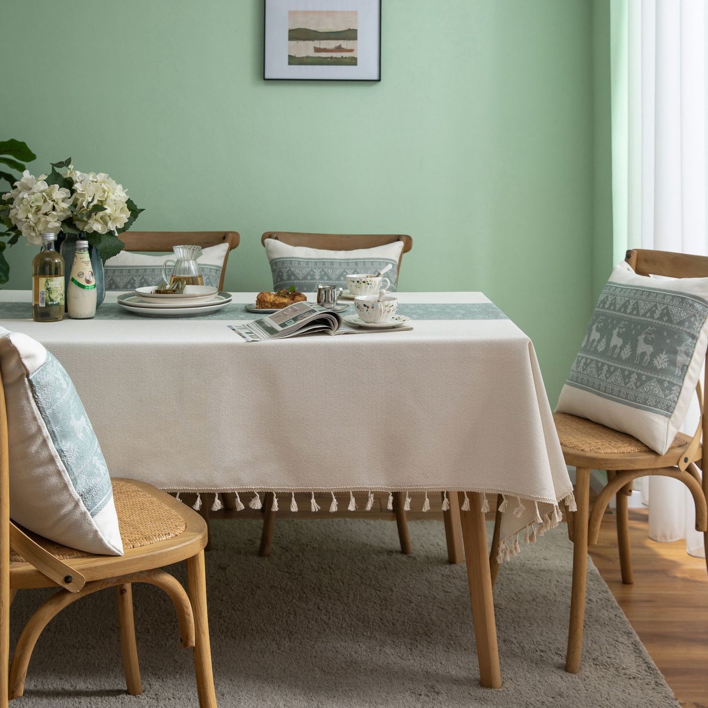 Table Cloth  Cotton Christmas Deer Green