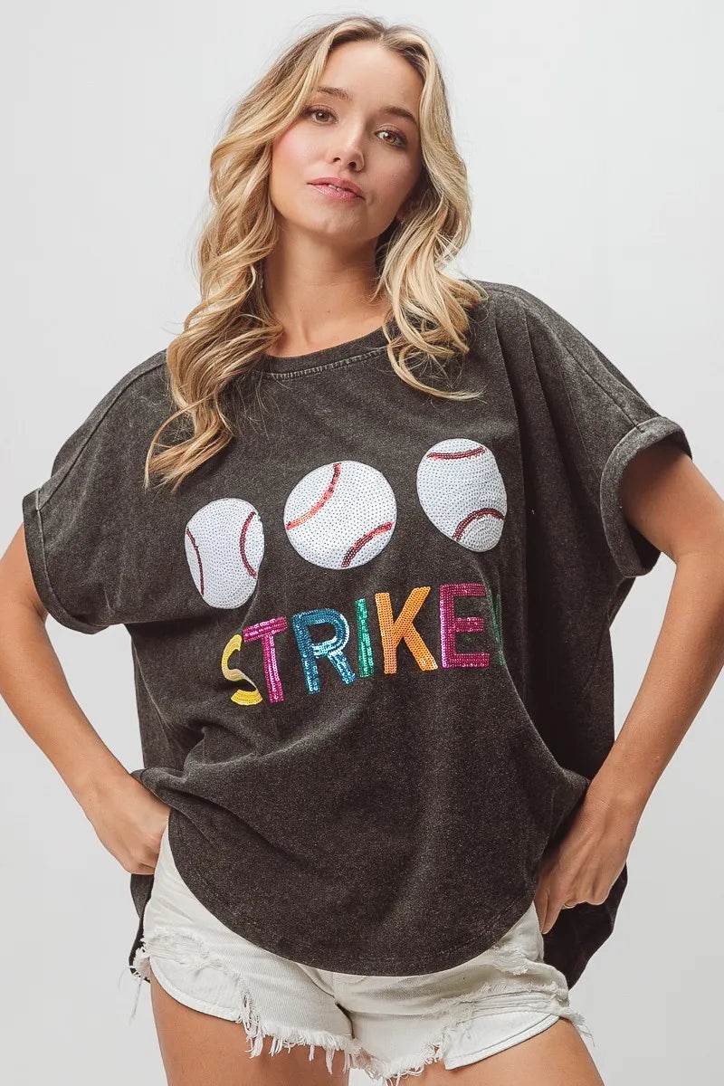 BiBi Sequin Baseballs Strike Washed Short Sleeve Top