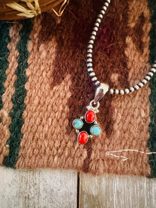 ** Christmas Collection ** Handmade Sterling Silver, Coral & Turquoise Pendant Signed Nizhoni