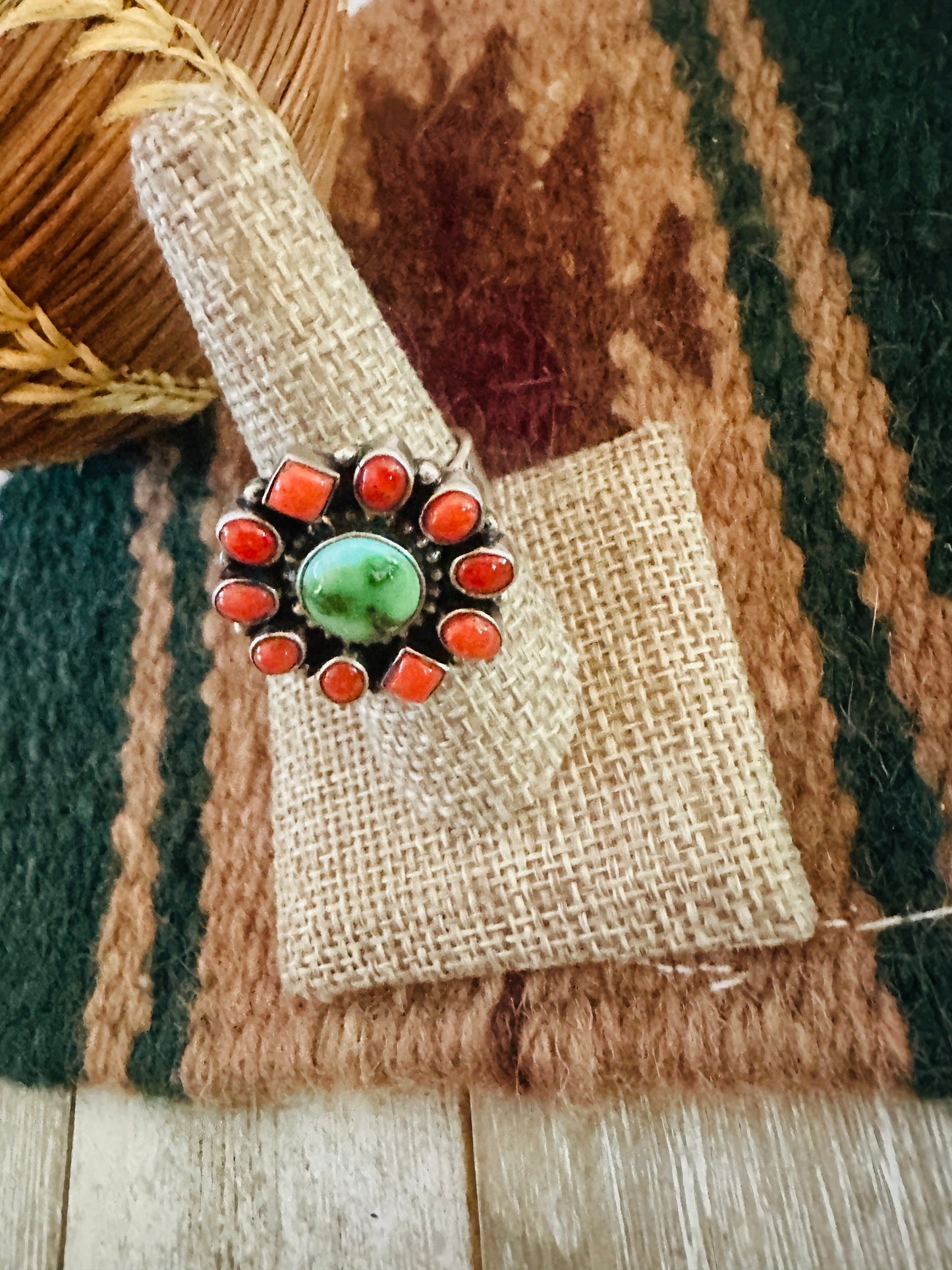 ** Christmas Collection ** Handmade Sterling Silver, Turquoise & Coral Adjustable Ring Signed Nizhoni