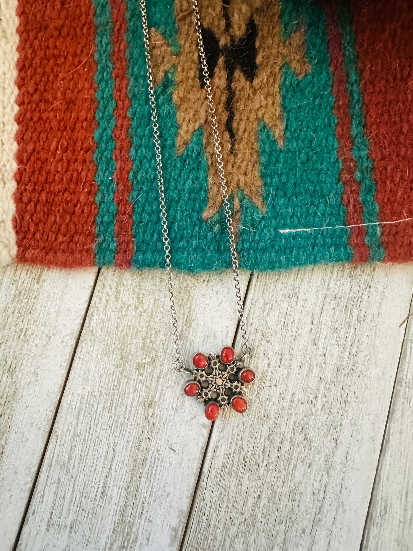 ** Christmas Collection ** Handmade Sterling Silver & Coral Snowflake Necklace Signed Nizhoni