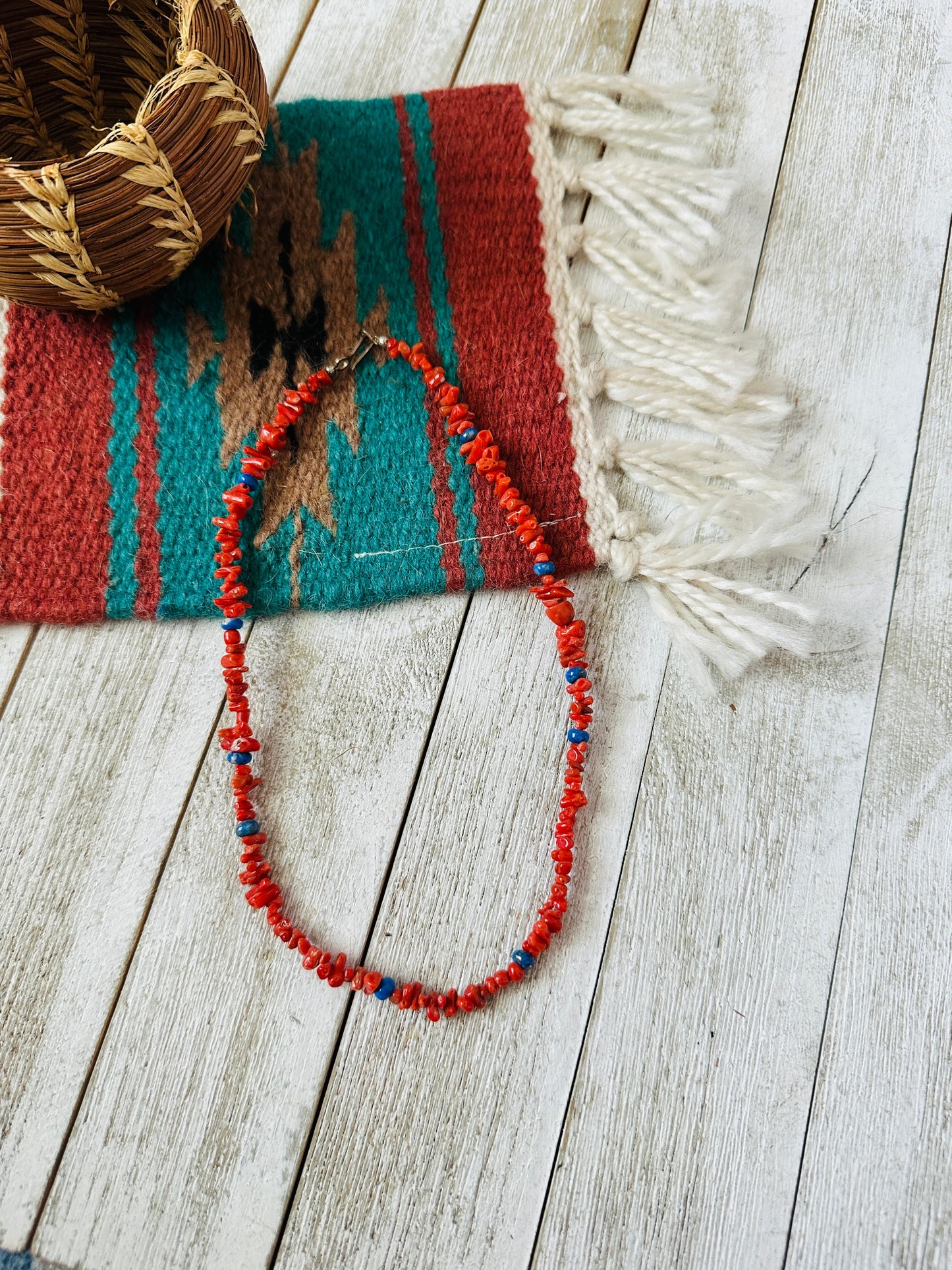Handcrafted Apple Coral, Lapis & Sterling Beaded Necklace