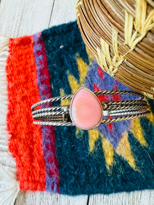 Handcrafted Queen Pink Conch Tear Drop Shell & Sterling Silver Cuff Bracelet