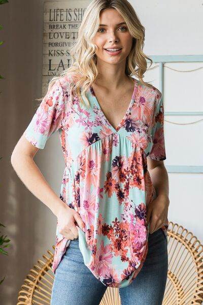 Heimish Floral V-Neck Babydoll Blouse - Full Size Short Sleeve Top
