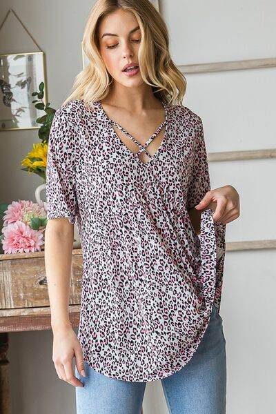 Heimish Full Size Short Sleeve Crisscross Animal Babydoll Top Plus Size