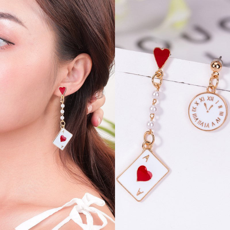 Cartoon Alice Clock Poker Card Ace of Hearts Pearls Asymmetrical Earrings For Women Girls