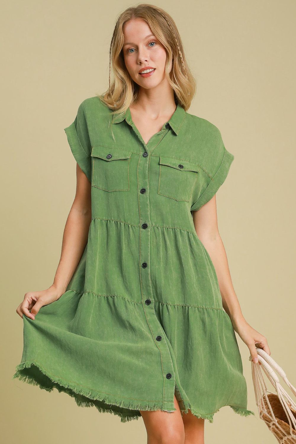 Green Full Size Button-Down Shirt Dress Plus Size Casual & Simple Lightweight Dress
