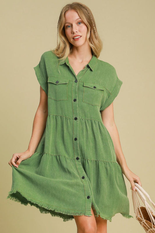 Green Full Size Button-Down Shirt Dress Plus Size Casual & Simple Lightweight Dress
