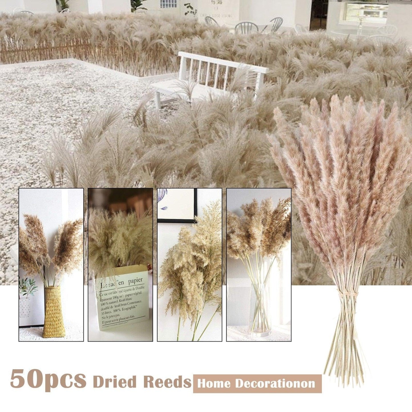 30/50pcs Bulrush Natural Dried Small Pampas Grass Artificial Decor Wedding Flower Bunch Home Office  Floor Vase Filler for Living Room Kitchen And Event Decoration