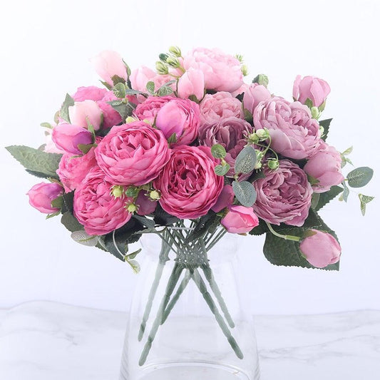 30cm Rose Pink Silk Peony Artificial Flowers Bouquet 5 Big Head and 4 Bud Bride Wedding Home Decoration Fake Flowers Vintage Artificial Peony Silk Flowers Bouquet Home Wedding Decoration