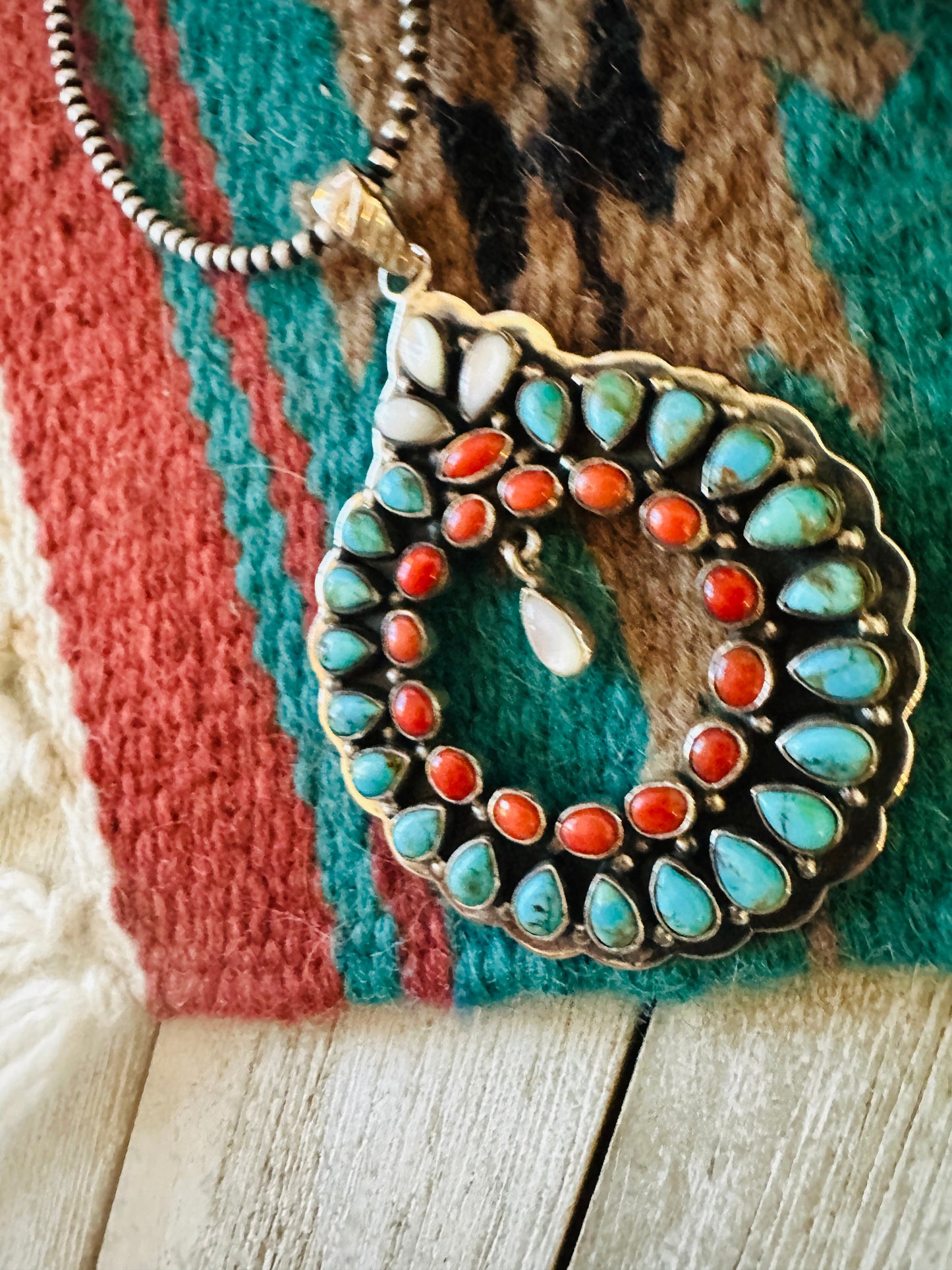 ** Christmas Collection ** Handmade Sterling Silver, Turquoise & Coral Wreath Pendant Signed Nizhoni