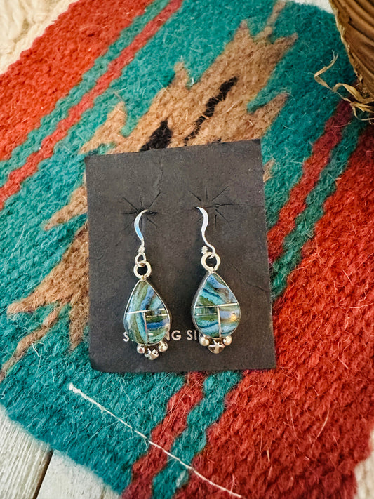 Navajo Rainbow Calsilica & Sterling Silver Inlay Dangle Earrings