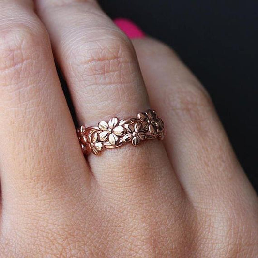 14K Rose Gold Flower 925 Silver Ring Hand Jewelry