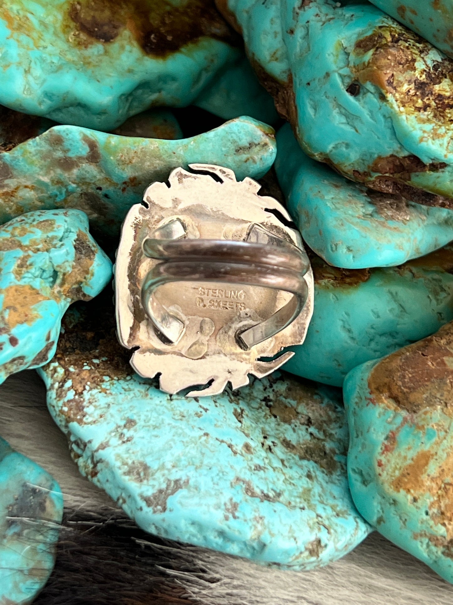 Handcrafted Sterling Silver and Sonoran Turquoise Saw Cut Ring by Peggy Skeets