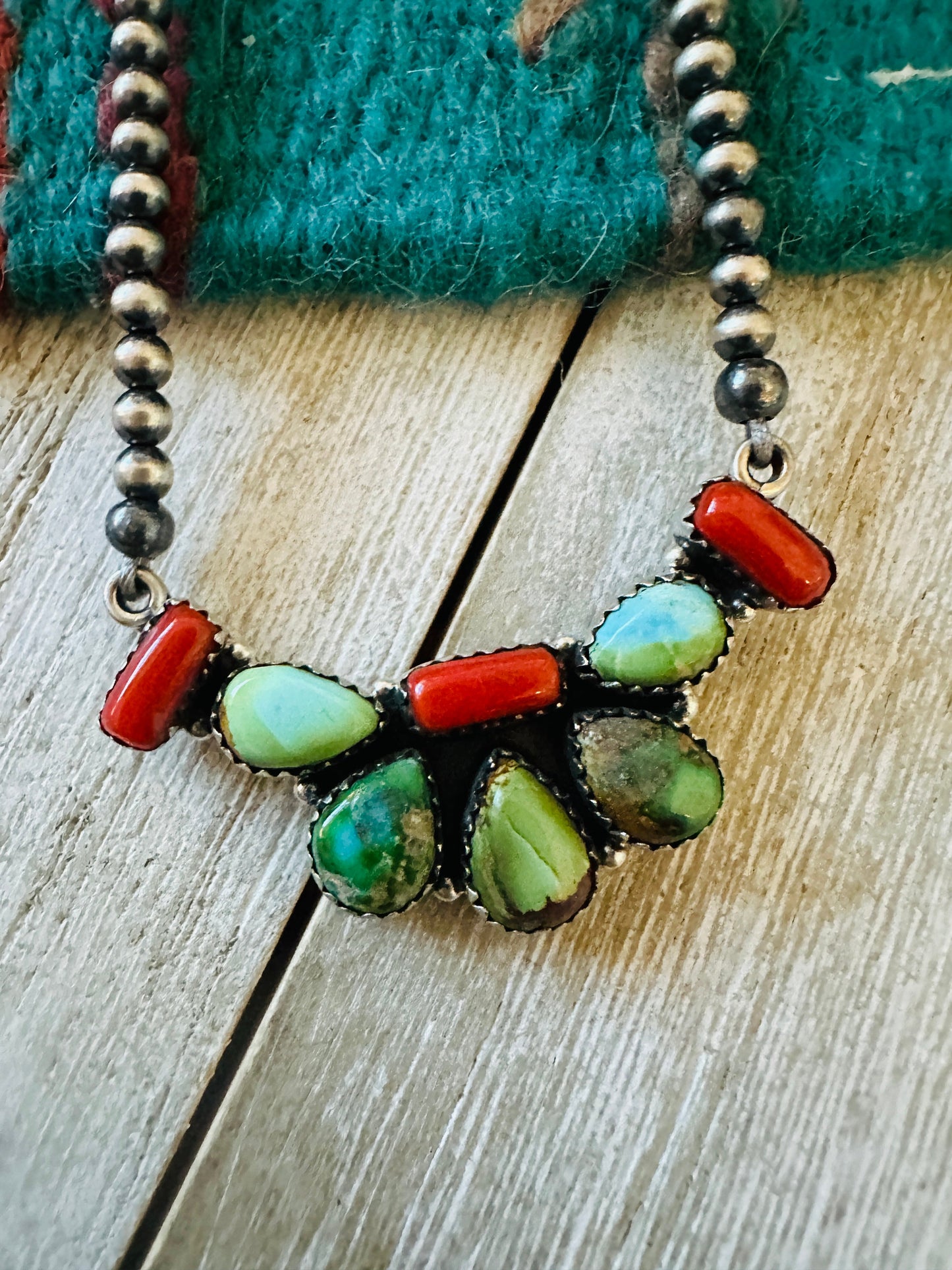 ** Christmas Collection ** Handmade Sterling Silver, Turquoise & Coral Necklace Signed Nizhoni