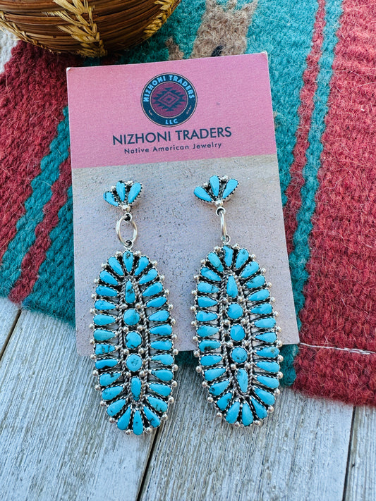 Handcrafted Sleeping Beauty Turquoise And Sterling Silver Cluster Dangle Earrings