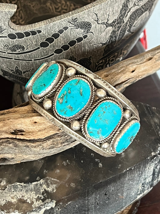 Handcrafted Old Pawn Sterling Silver and Natural Sleeping Beauty Turquoise Cuff Bracelet, Signed /