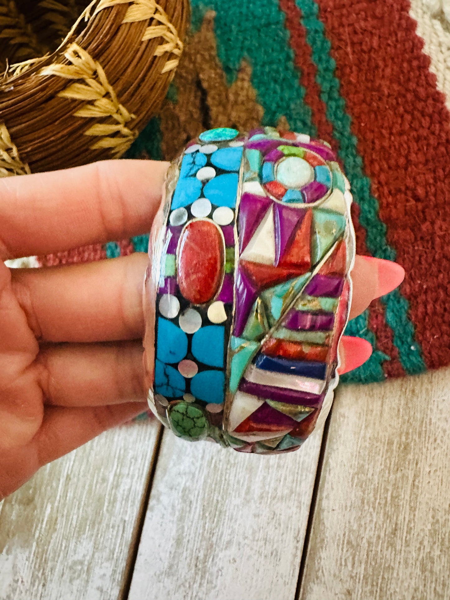 Handmade Sterling Silver Multi Stone Inlay Cuff