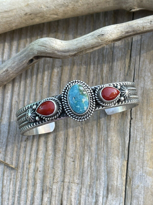 Navajo Sterling Silver Red Coral & Turquoise Bracelet Signed M & R Calladitto /