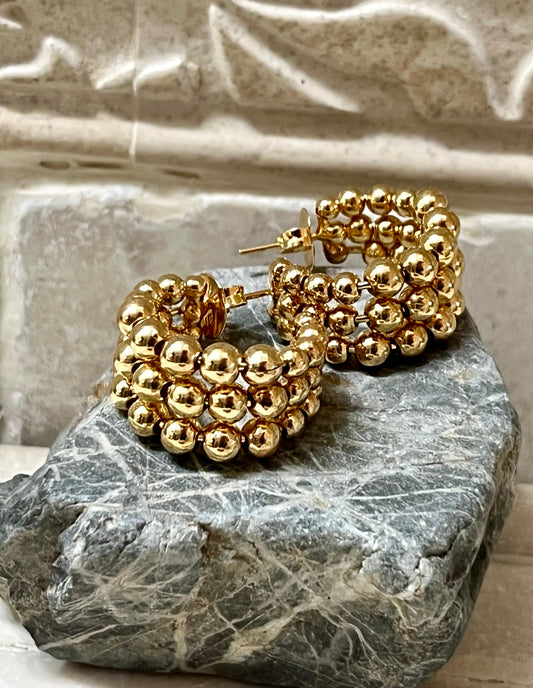 Triple Beaded Hoop Earrings 18k Gold-Plated